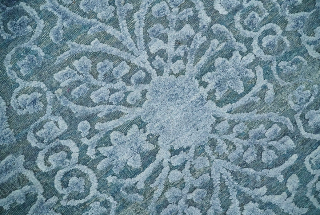 8x9.7 Blue Antique Style, Distressed Finish Hand Carved Traditional Medalian Hand Knotted Wool and Silk Rug