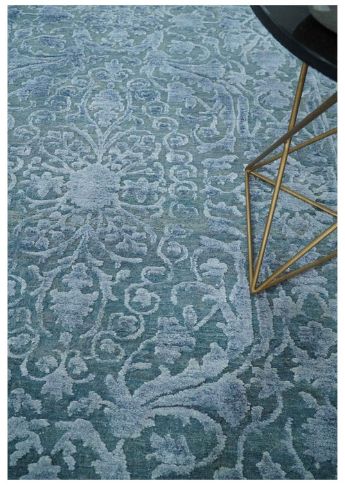 8x9.7 Blue Antique Style, Distressed Finish Hand Carved Traditional Medalian Hand Knotted Wool and Silk Rug