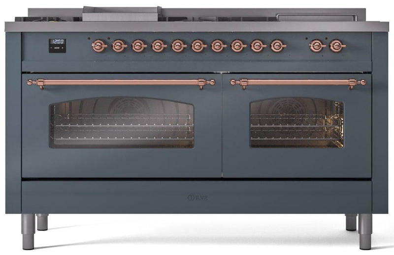 ILVE Nostalgie II 60" Dual Fuel Propane Gas Range in Blue Grey with Copper Trim, UP60FSNMPBGPLP