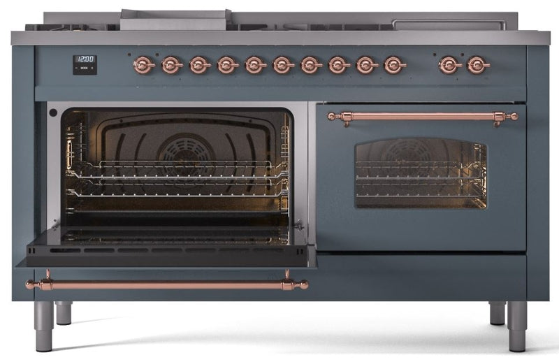 ILVE Nostalgie II 60" Dual Fuel Propane Gas Range in Blue Grey with Copper Trim, UP60FSNMPBGPLP