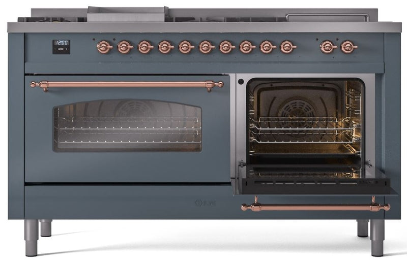 ILVE Nostalgie II 60" Dual Fuel Propane Gas Range in Blue Grey with Copper Trim, UP60FSNMPBGPLP