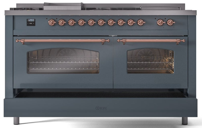 ILVE Nostalgie II 60" Dual Fuel Propane Gas Range in Blue Grey with Copper Trim, UP60FSNMPBGPLP