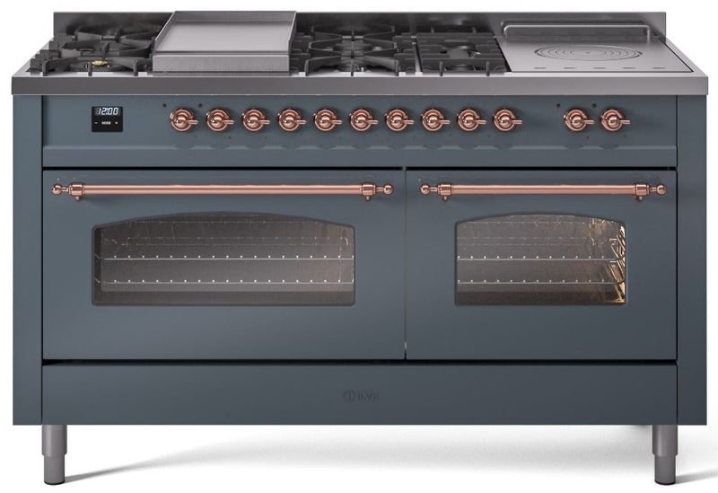 ILVE Nostalgie II 60" Dual Fuel Propane Gas Range in Blue Grey with Copper Trim, UP60FSNMPBGPLP