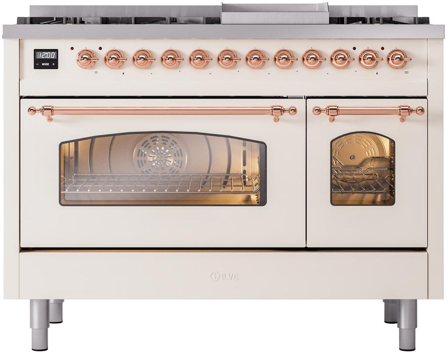 ILVE Nostalgie II 48" Dual Fuel Natural Gas Range in Antique White with Copper Trim, UP48FNMPAWP