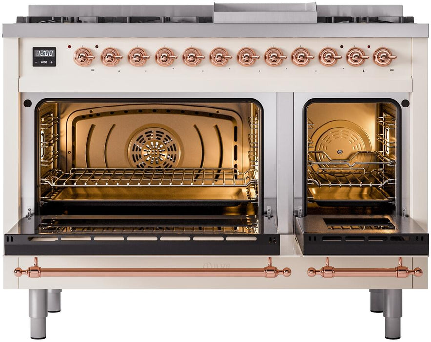 ILVE Nostalgie II 48" Dual Fuel Natural Gas Range in Antique White with Copper Trim, UP48FNMPAWP