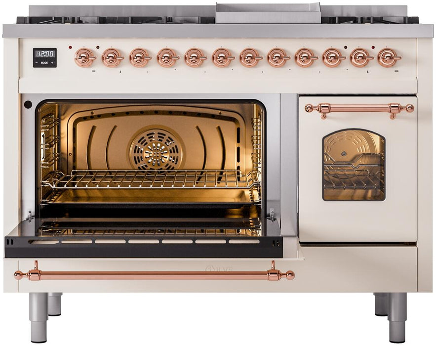 ILVE Nostalgie II 48" Dual Fuel Natural Gas Range in Antique White with Copper Trim, UP48FNMPAWP