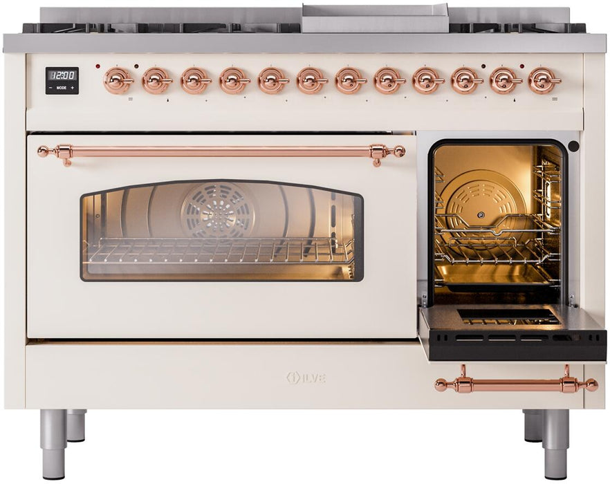 ILVE Nostalgie II 48" Dual Fuel Natural Gas Range in Antique White with Copper Trim, UP48FNMPAWP