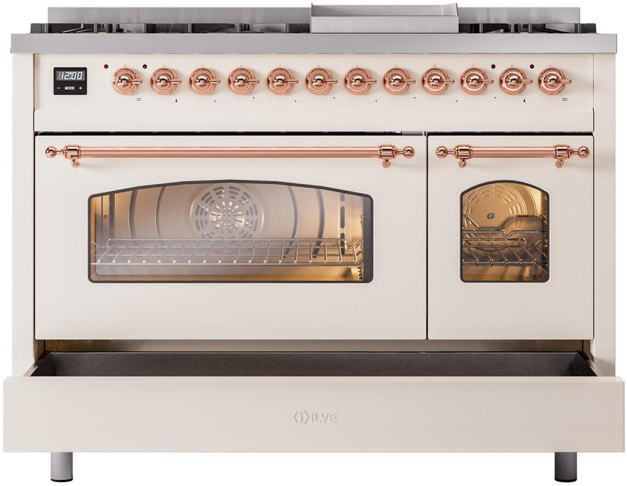 ILVE Nostalgie II 48" Dual Fuel Natural Gas Range in Antique White with Copper Trim, UP48FNMPAWP