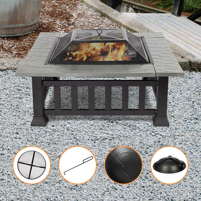 32" Outdoor Square Fire Pits Patio 4 in 1 Fire Pits for Heating Grilling Cooling Drinks & Food