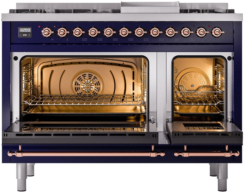 ILVE Nostalgie II 48" Dual Fuel Propane Gas Range in Blue with Copper Trim, UP48FNMPMBPLP