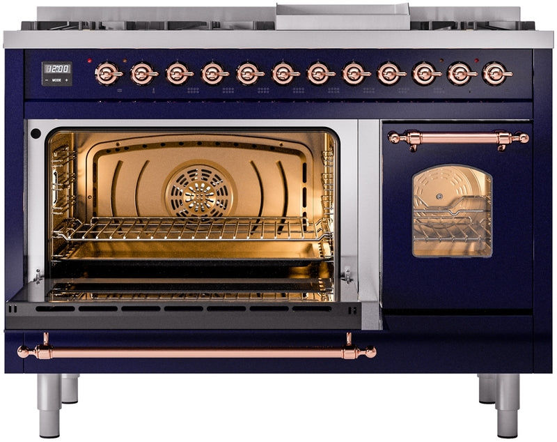 ILVE Nostalgie II 48" Dual Fuel Propane Gas Range in Blue with Copper Trim, UP48FNMPMBPLP