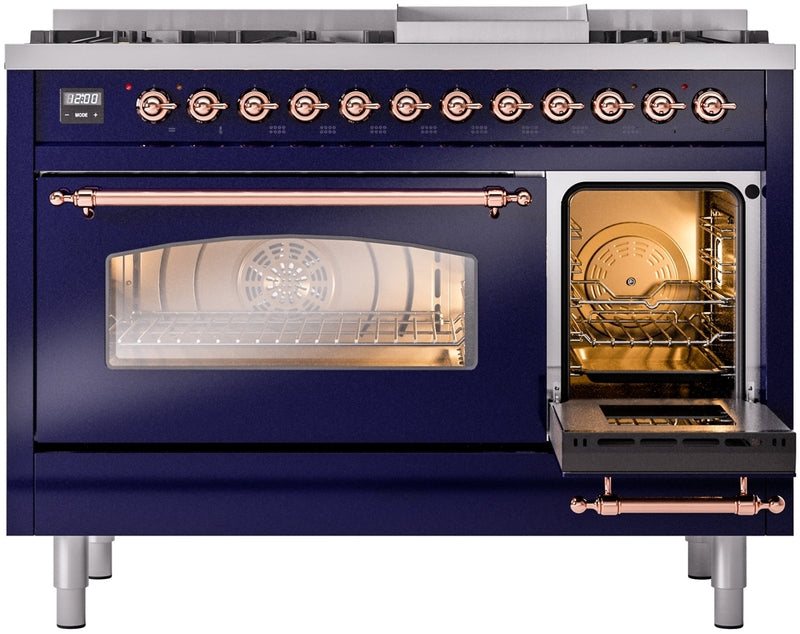 ILVE Nostalgie II 48" Dual Fuel Propane Gas Range in Blue with Copper Trim, UP48FNMPMBPLP