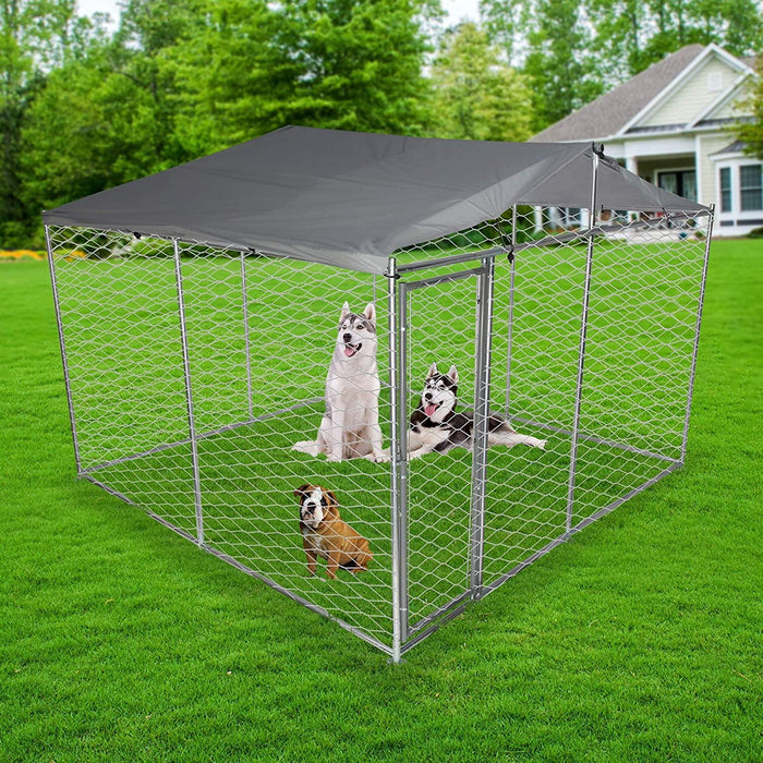 9.8'x9.8'x7.5' Large Outdoor Dog Kennel Galvanized Steel Pet Playpen with Waterproof Cover Secure Lock