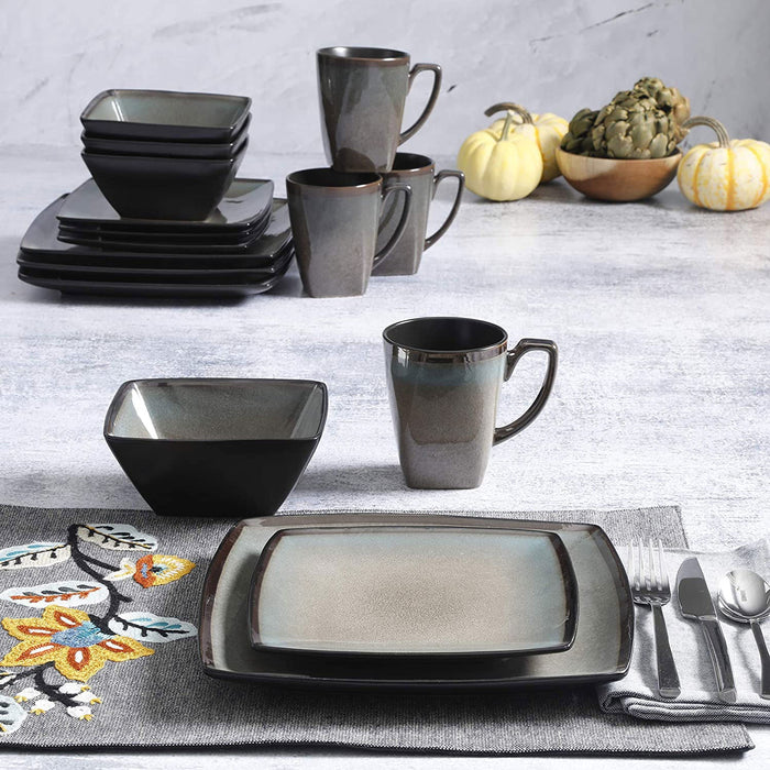 Gibson Elite 16 Piece Glazed Square Dinnerware Set with Plates, Bowls, and Mugs