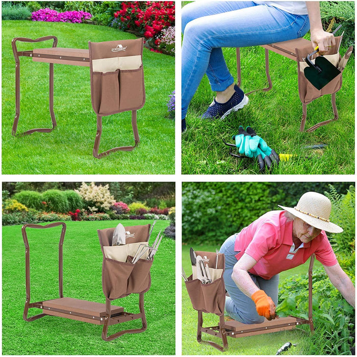 Garden Kneeler Seat Folding Kneeling Bench Stool with Tool Pouches Soft Foam, Brown