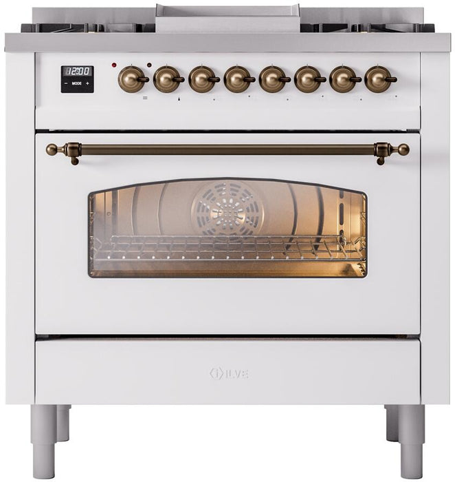 ILVE Nostalgie II 36" Dual Fuel Natural Gas Range in White with Bronze Trim, UP36FNMPWHB