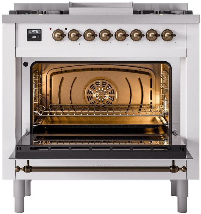 ILVE Nostalgie II 36" Dual Fuel Natural Gas Range in White with Bronze Trim, UP36FNMPWHB