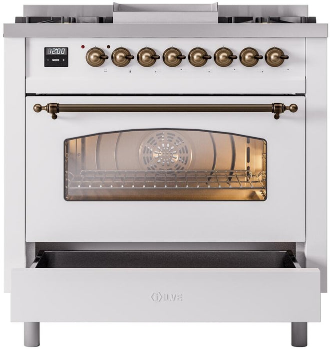 ILVE Nostalgie II 36" Dual Fuel Natural Gas Range in White with Bronze Trim, UP36FNMPWHB