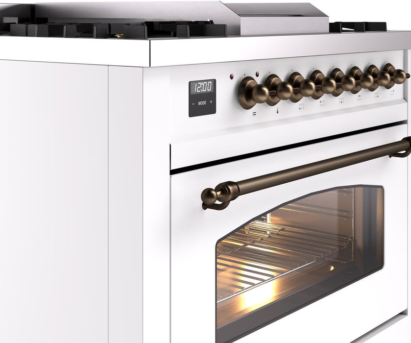 ILVE Nostalgie II 36" Dual Fuel Natural Gas Range in White with Bronze Trim, UP36FNMPWHB