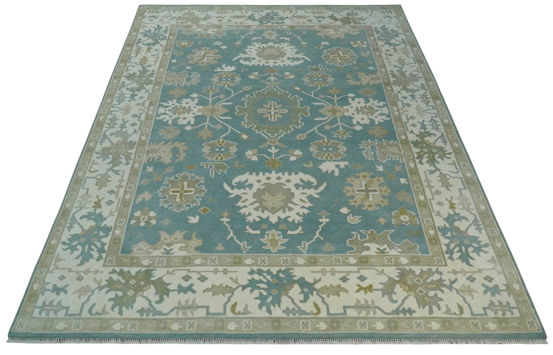 9.2x12.5 Hand Knotted Oriental Oushak Teal, Ivory and Beige Wool Area Rug
