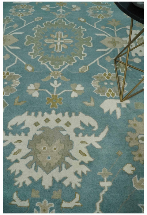 9.2x12.5 Hand Knotted Oriental Oushak Teal, Ivory and Beige Wool Area Rug