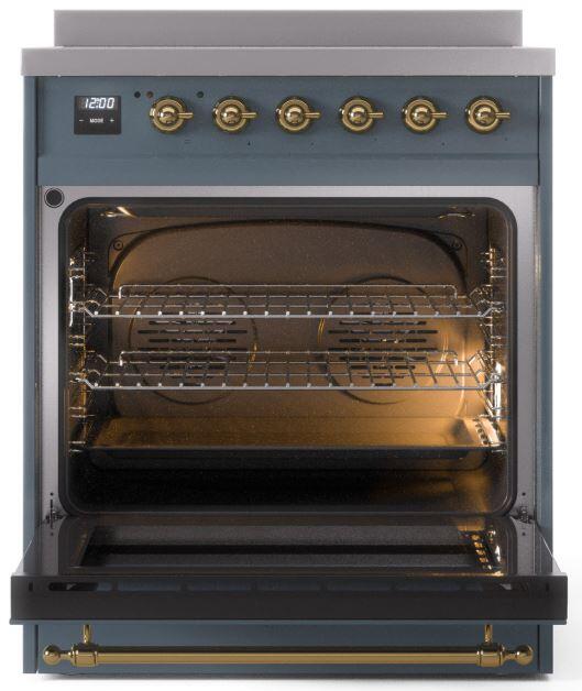 ILVE Nostalgie II 30" Induction Range with Element Stove and Electric Oven in Blue Grey with Brass Trim, UPI304NMPBGG