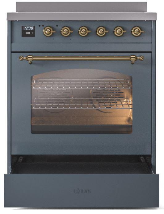 ILVE Nostalgie II 30" Induction Range with Element Stove and Electric Oven in Blue Grey with Brass Trim, UPI304NMPBGG