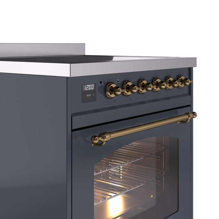 ILVE Nostalgie II 30" Induction Range with Element Stove and Electric Oven in Blue Grey with Brass Trim, UPI304NMPBGG