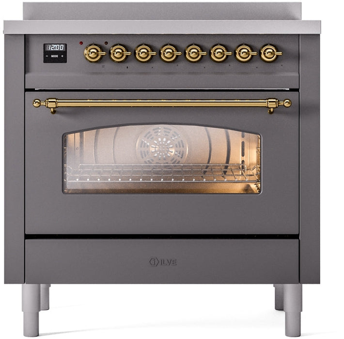 ILVE Nostalgie II 36" Induction Range with Element Stove and Electric Oven in Matte Graphite with Brass Trim, UPI366NMPMGG