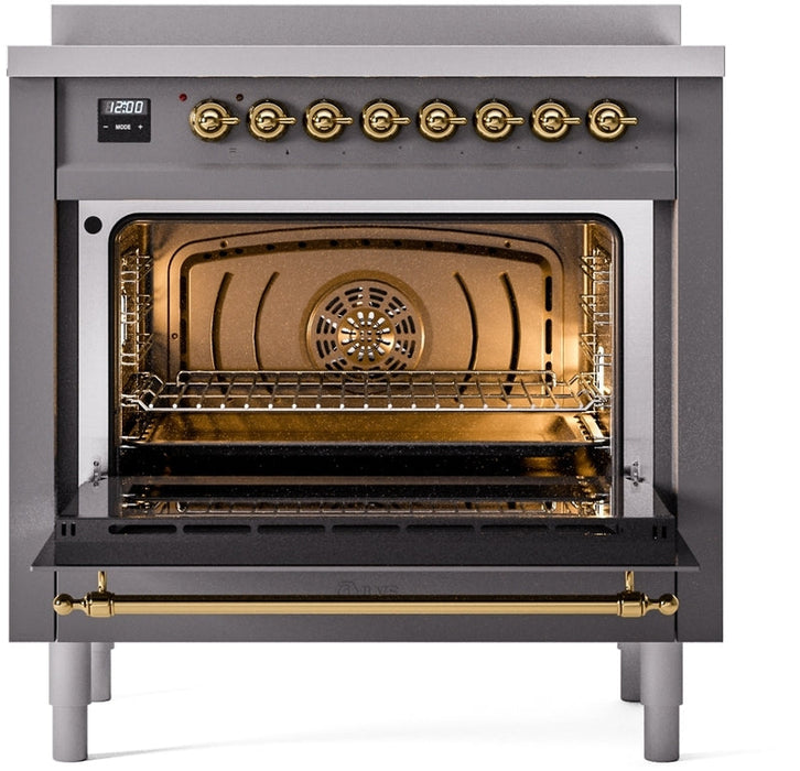 ILVE Nostalgie II 36" Induction Range with Element Stove and Electric Oven in Matte Graphite with Brass Trim, UPI366NMPMGG