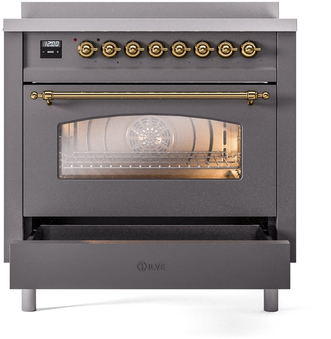 ILVE Nostalgie II 36" Induction Range with Element Stove and Electric Oven in Matte Graphite with Brass Trim, UPI366NMPMGG