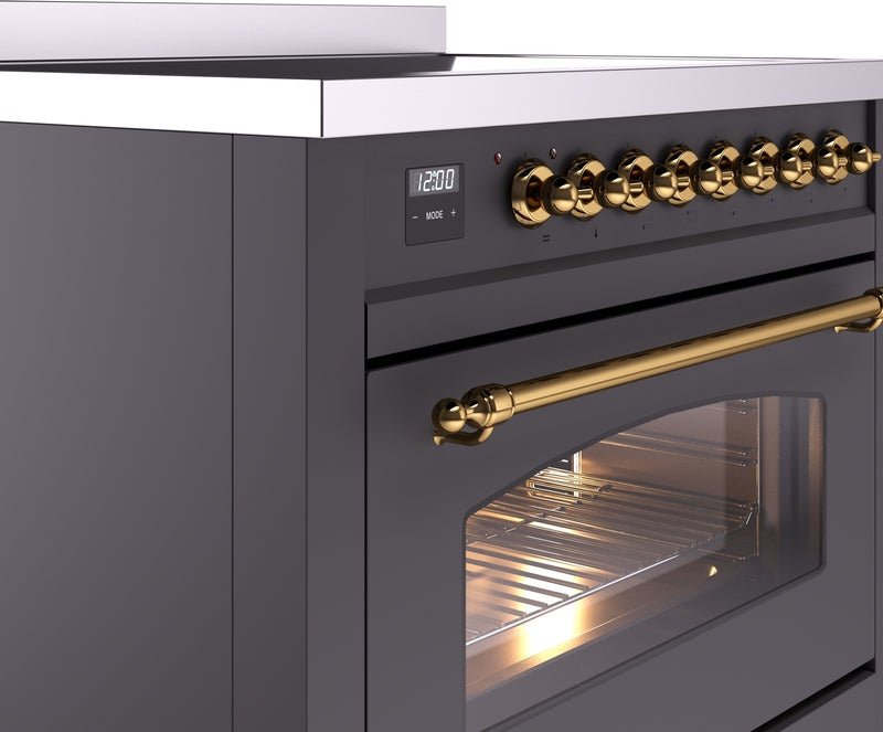 ILVE Nostalgie II 36" Induction Range with Element Stove and Electric Oven in Matte Graphite with Brass Trim, UPI366NMPMGG