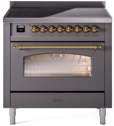 ILVE Nostalgie II 36" Induction Range with Element Stove and Electric Oven in Matte Graphite with Brass Trim, UPI366NMPMGG