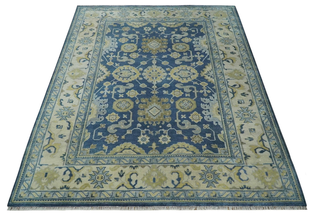 9.3x12 Hand Knotted Blue and Beige Traditional Oushak Wool Area Rug