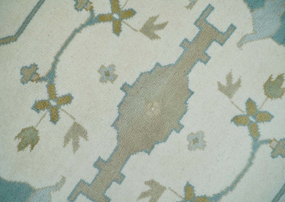 9.3x12.1 Hand Knotted Oriental Oushak Ivory, Brown and Beige Wool Area Rug