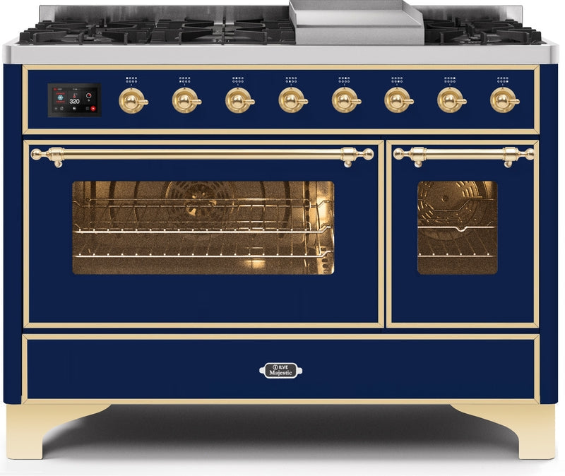 ILVE Majestic II 48" Dual Fuel Propane Gas Range in Blue with Brass Trim, UM12FDNS3MBGLP