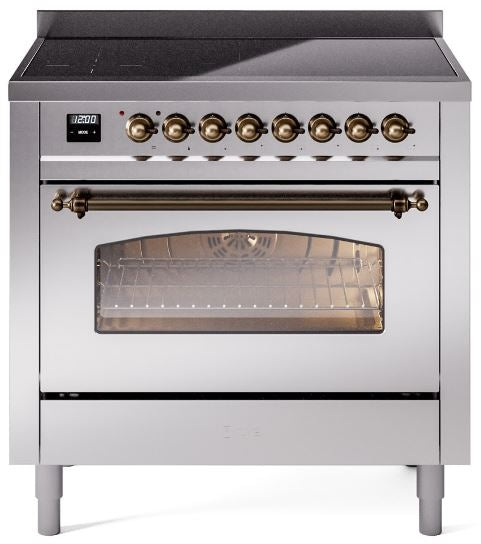 ILVE Nostalgie II 36" Induction Range with Element Stove and Electric Oven in Stainless Steel with Bronze Trim, UPI366NMPSSB