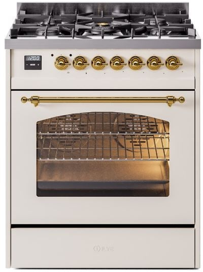 ILVE Nostalgie II 30" Dual Fuel Propane Gas Range in Antique White with Brass Trim, UP30NMPAWGLP