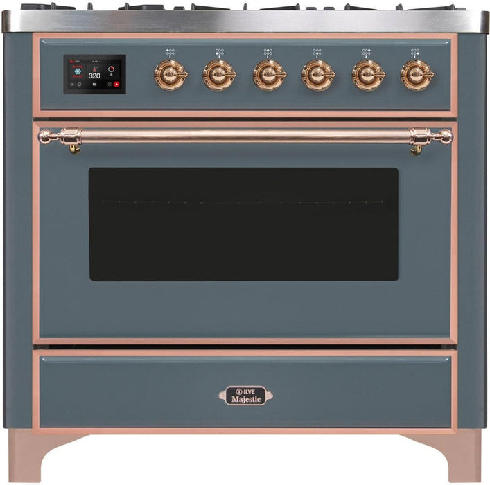 ILVE Majestic II 36" Dual Fuel Natural Gas Range in Blue Grey with Copper Trim, UM09FDNS3BGP