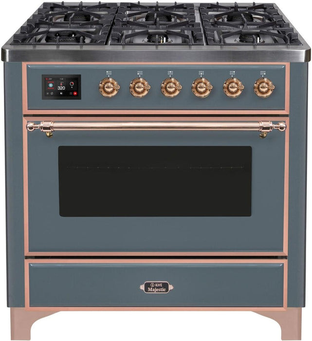 ILVE Majestic II 36" Dual Fuel Natural Gas Range in Blue Grey with Copper Trim, UM09FDNS3BGP