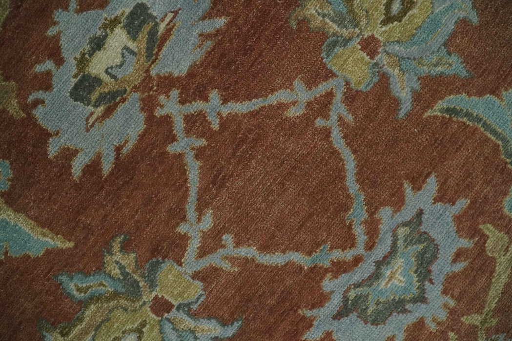 9.4x11.9 Hand Knotted Low Pile Rust, Beige and Blue Traditional Wool Area Rug