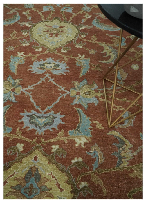 9.4x11.9 Hand Knotted Low Pile Rust, Beige and Blue Traditional Wool Area Rug