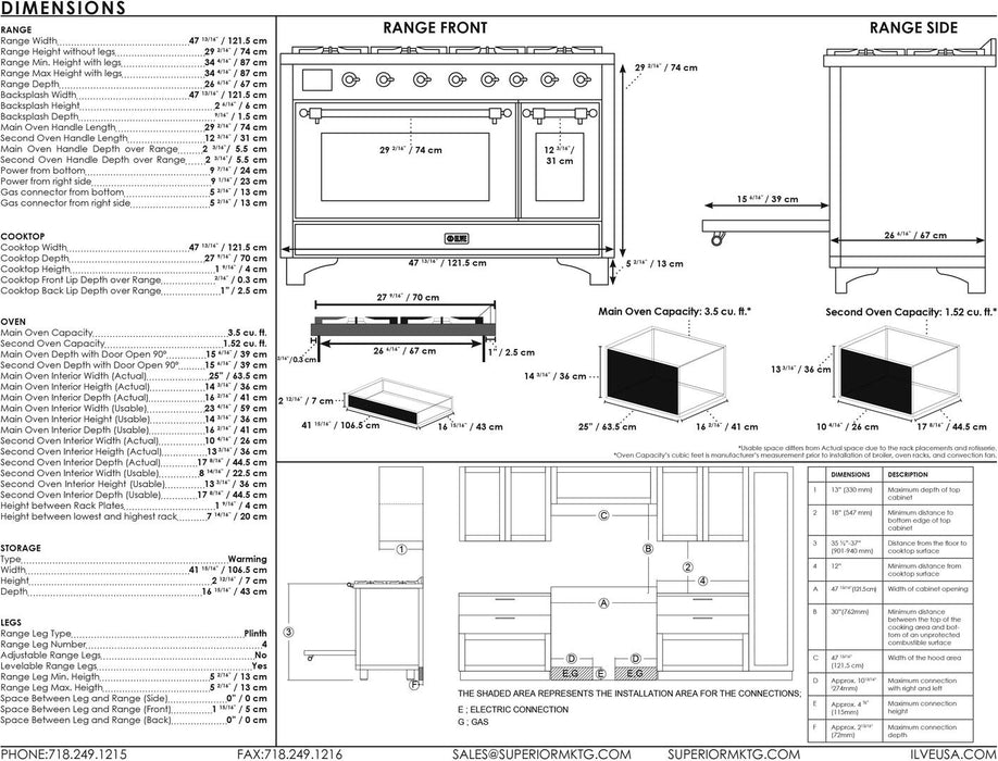 ILVE Majestic II 48" Dual Fuel Natural Gas Range in RAL Custom Color with Brass Trim, UM12FDNS3RAG