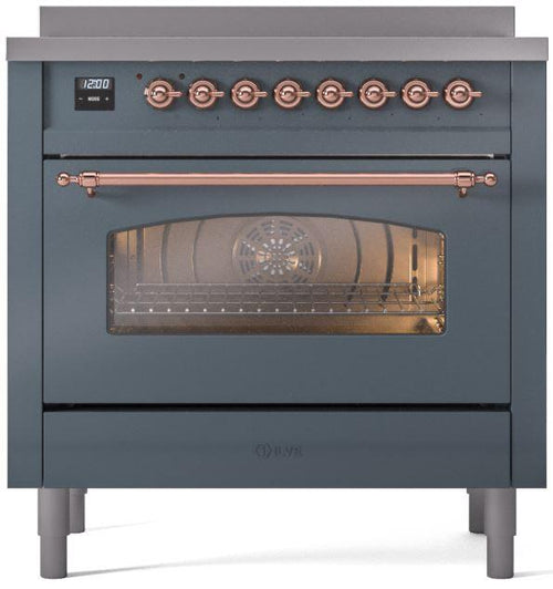 ILVE Nostalgie II 36" Induction Range with Element Stove and Electric Oven in Blue Grey with Copper Trim, UPI366NMPBGP