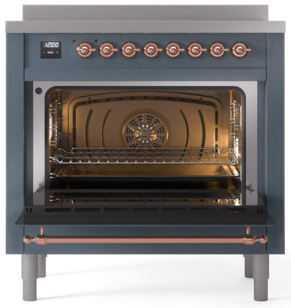 ILVE Nostalgie II 36" Induction Range with Element Stove and Electric Oven in Blue Grey with Copper Trim, UPI366NMPBGP