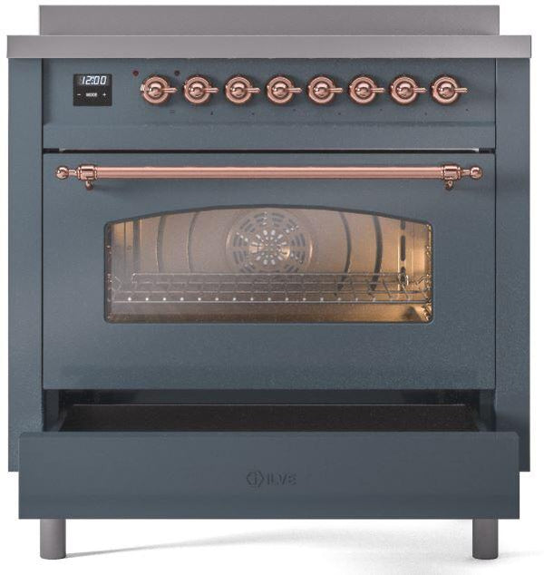 ILVE Nostalgie II 36" Induction Range with Element Stove and Electric Oven in Blue Grey with Copper Trim, UPI366NMPBGP