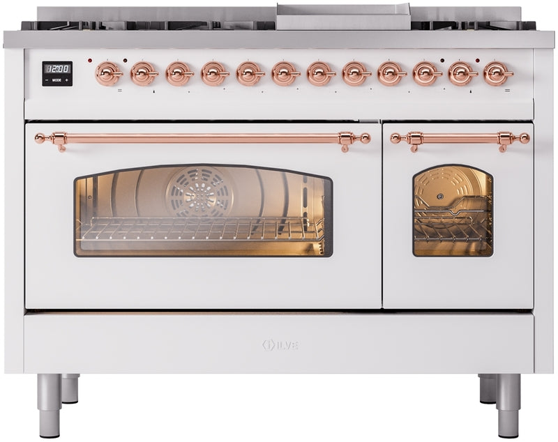 ILVE Nostalgie II 48" Dual Fuel Natural Gas Range in White with Copper Trim, UP48FNMPWHP