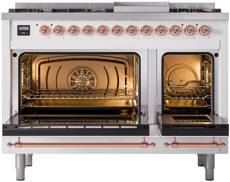 ILVE Nostalgie II 48" Dual Fuel Natural Gas Range in White with Copper Trim, UP48FNMPWHP