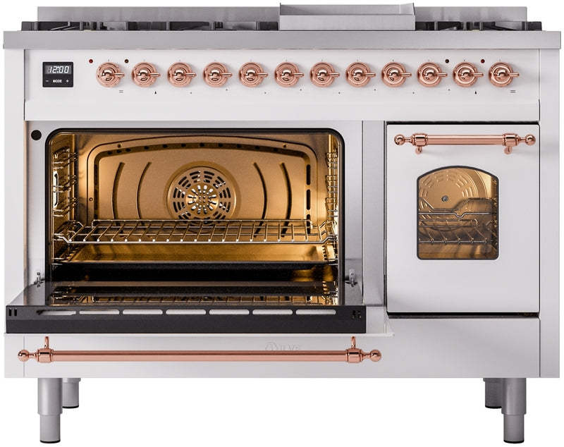 ILVE Nostalgie II 48" Dual Fuel Natural Gas Range in White with Copper Trim, UP48FNMPWHP