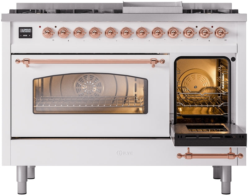 ILVE Nostalgie II 48" Dual Fuel Natural Gas Range in White with Copper Trim, UP48FNMPWHP